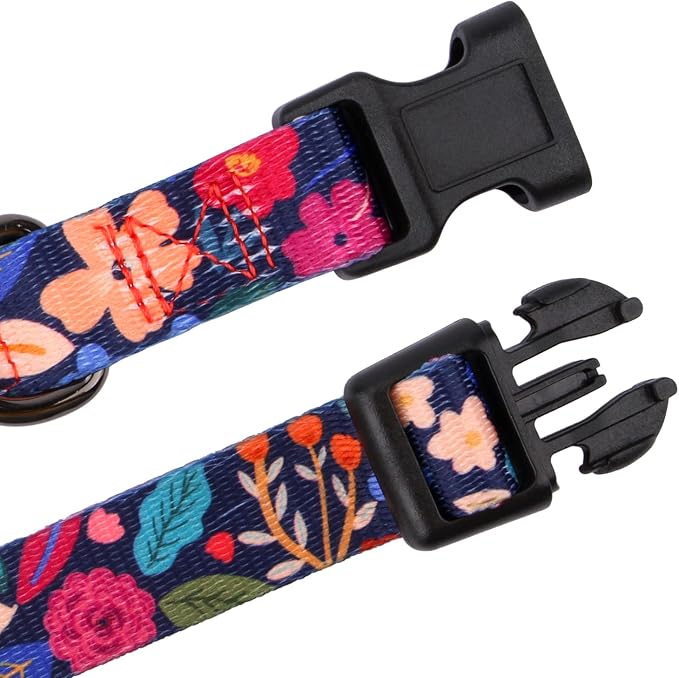 Dog Collar for Medium Dogs Special Design Cute Floral Plant Pattern Girl Female Pet Collar (Black, M)