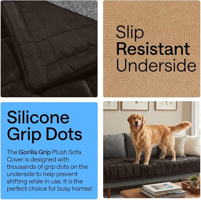 GORILLA GRIP Slip and Leak Resistant Plush Quilted Large Chair Cushion Cover Blanket, Soft Couch Covers for Sofa Dogs, Machine Washable Furniture Protector Pet Friendly Couches, Brown, 48x28 Inches