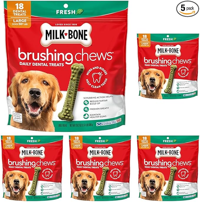 Milk-Bone Brushing Chews Fresh Mint Flavor Daily Dental Dog Treats, Large, 24.2 Oz. Bag (Pack of 5)