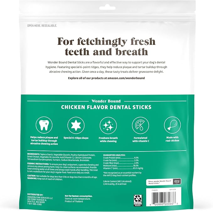 Wonder Bound Chicken Flavor Dental Sticks for Tiny Dogs (5-20 lbs), 6-Ridge Shape for Plaque & Tartar Control, Freshens Breath, Made With Real Chicken, 108 Count