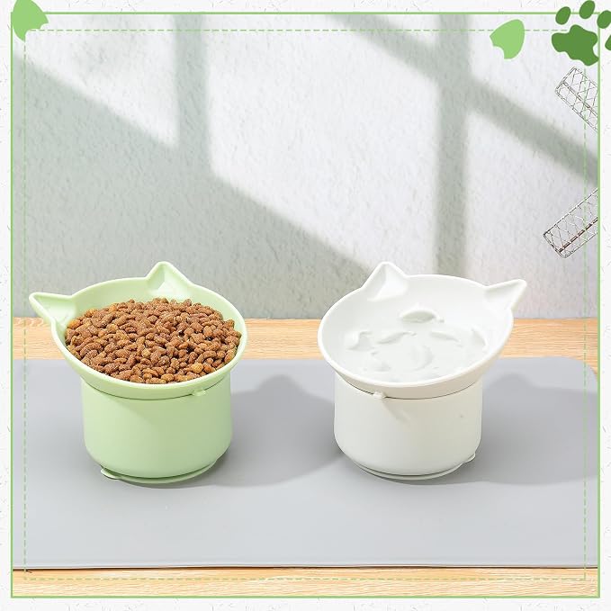 2 Pack Slow Feeder Cat Bowls Silicone Tilted Raised Pet Bowl with Non Slip Base for Digestion Anti Vomit, Gray, Green