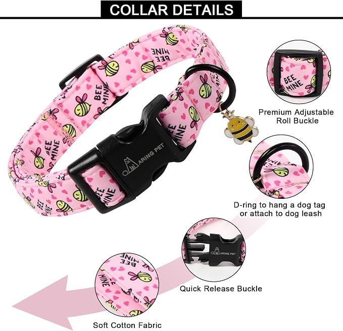 ARING PET Bee Dog Collar, Cute Spring Summer Pink Yellow Honeybees Pet Collars for Puppy Small Medium Large Boy Girl Dogs-XL