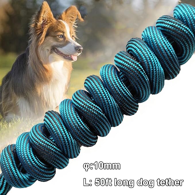BTINESFUL Tie-Out Check Cord Long Rope Dog Tether, 8ft 12ft 20ft 30ft 50ft 75ft Recall Training Dog Lead for Yard, Large Medium Dogs Outdoor Playing, Camping, or Backyard (50ft, Blue Black)