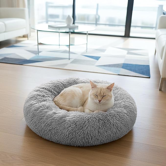 PetAmi Calming Dog Bed for Small & Medium Dogs, Cats & Puppy, Warming Round Donut Cuddler Bed, Anti-Anxiety Fluffy Shaggy Faux Fur Pet Bed, Machine Washable, Non-Slip Bottom, 23 Inch - Light Gray
