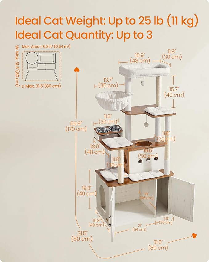 Feandrea Cat Tree, 66.9-Inch Cat Tower with Litter Box Enclosure, Large Condo with Food Station, Storage, Scratching Posts, Cave, Hammock, Washable Cushions, Rustic White and Honey Brown UPCT169W201