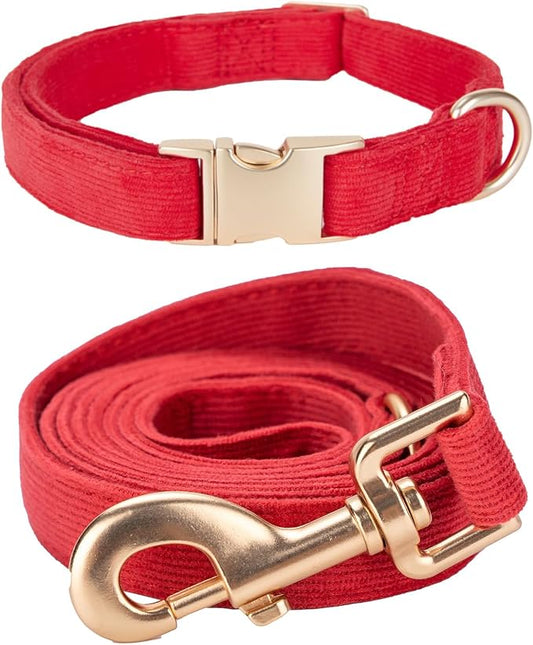 Soft Corduroy Dog Collar and Leash Set Adjustable Durable Dog Collars with Metal Buckle and Lead for Medium Dogs,Red
