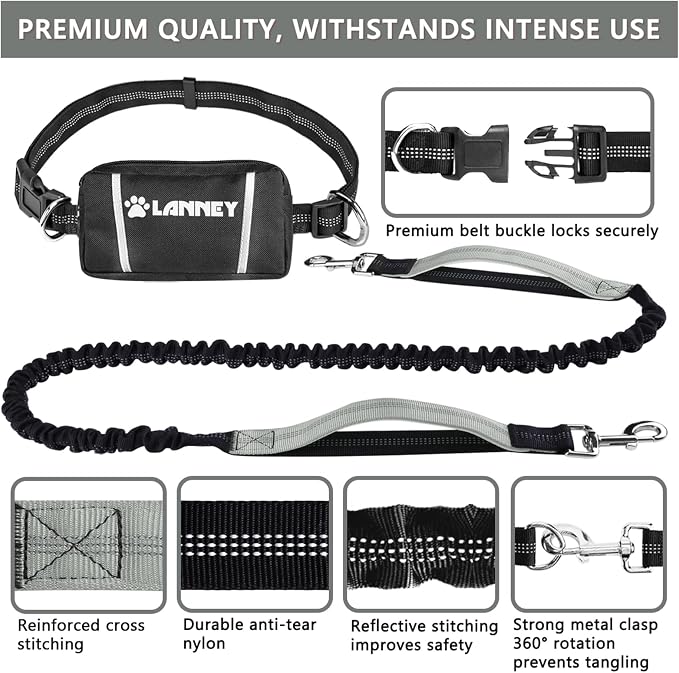 LANNEY Hands Free Dog Leash, Waist Running Leash with Zipper, Walking Pouch for Medium Large Dogs, Dual Handle and Retractable Bungee for Training Jogging Hiking(25-120 lbs, Grey)