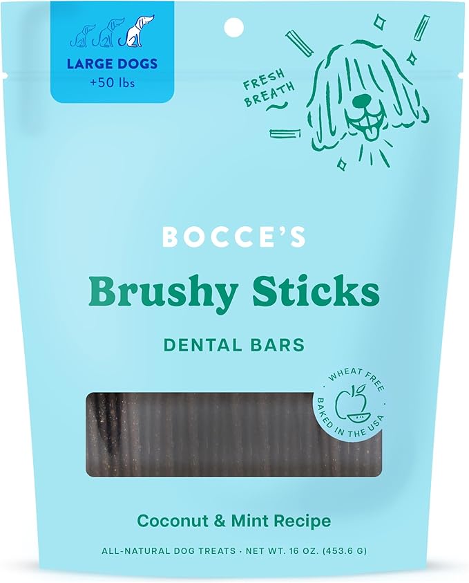 Bocce's Bakery Dailies Brushy Sticks to Support Oral Health & Fresh Breath, Wheat-Free Dental Bars for Dogs, Made with Real Ingredients, Baked in the USA, Natural Coconut & Mint Recipe, Large Dogs