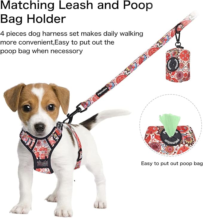 Petmolico No Pull Dog Harness Set with Leash Attachment Easy Control Handle Reflective Harness Vest Small Breed, Puppy Vest and Leash Set with Poop Bag Holder, Small - Boho Floral