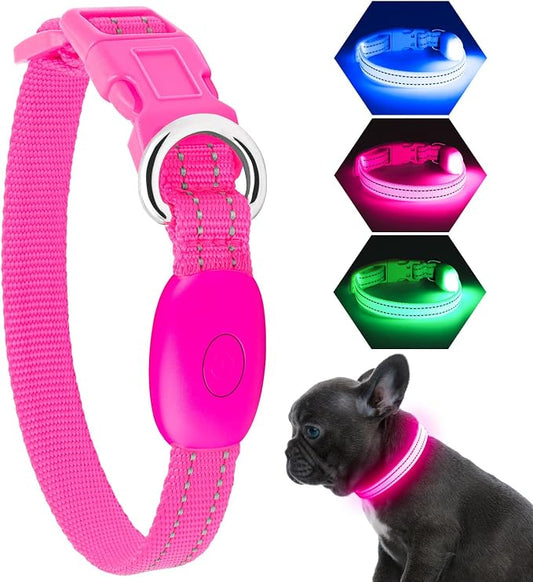 Light Up Dog Collar, Rechargeable USB Collar, Waterproof, Luminous LED Collar, Adjustable, Super Bright, Night Walking for Small Medium Large Dogs, Pink, S
