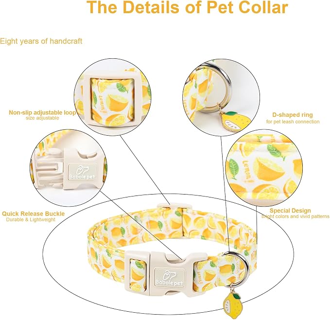 Summer Dog Collar Yellow Lemon Dog Collars for Medium Dogs - Lightweight Adjustable Cute Male Female Dogs Everyday Collar with Safety Buckle M