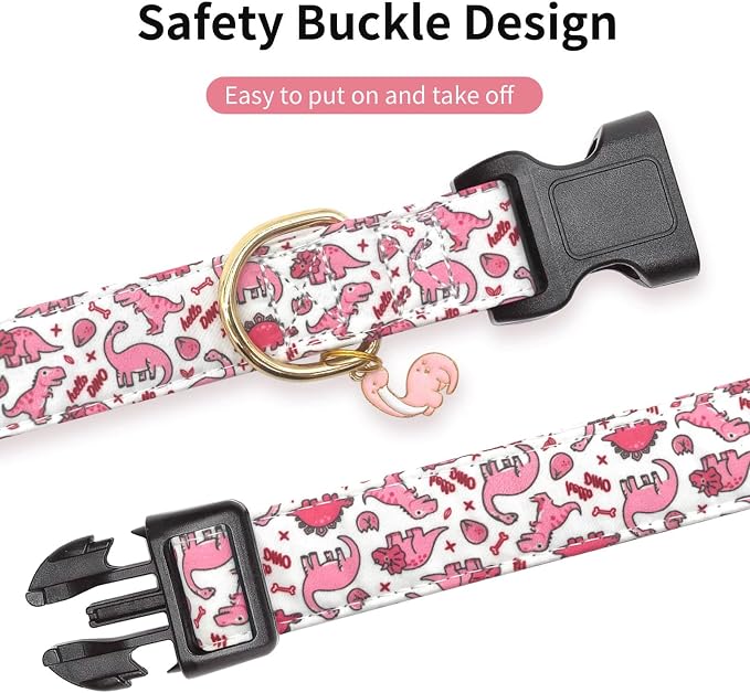 Cotton Dog Collar,Soft and Cute Puppy Collars with Pink Dinosaur Patterned Design for Girl Female Boy Dogs,Adjustable Buckle Pet Collar for Small Medium Large Dogs (Pink Dinosaur, Medium)