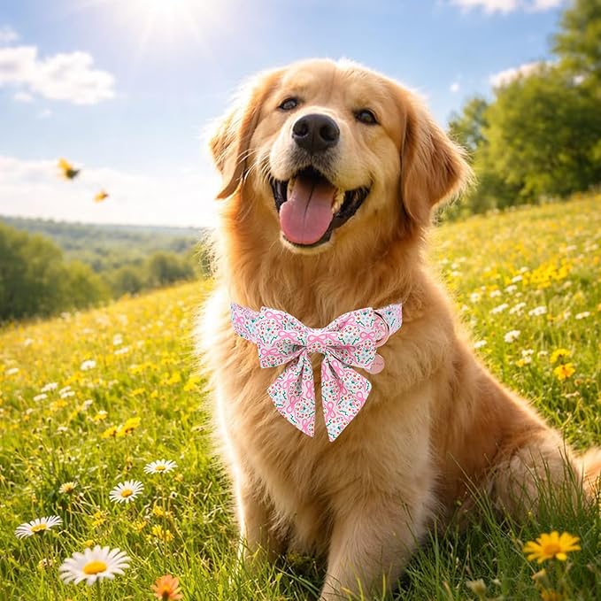 Pink Bow & Floral Dog Collar, Spring Summer Soft Cotton Dog Collar with Premium Quick Release, Adjustable and Comfortable Pet Collar for Small, Medium, and Large Dogs