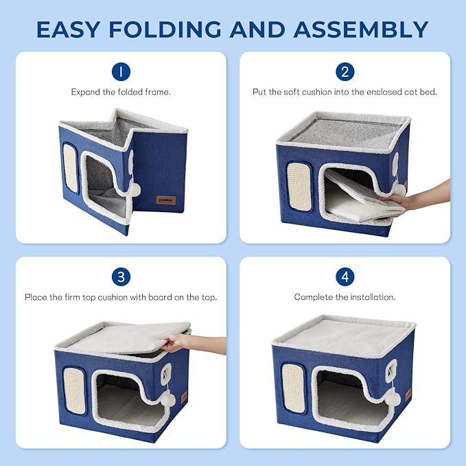 ZOMISIA Cat Beds for Indoor Cats - Large Cat House for Pet with Fluffy Ball Hanging and Scratch Pad, Foldable Cat Hideaway,16.5x16.5x13 inches, Navy