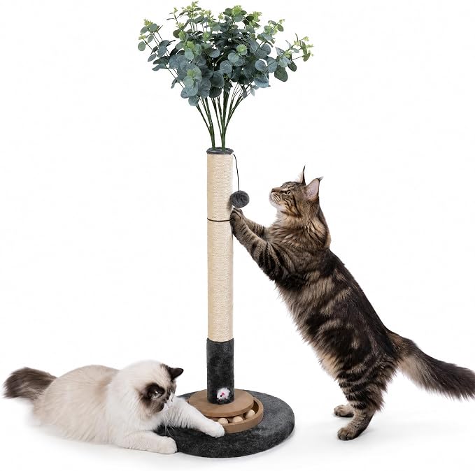 35 Inch Cat Scratching Post, Eucalyptus Sisal Rope Cat Tree Tower with Hanging Ball & Interactive Mouse Toy, Durable Scratcher for Indoor Adult Cats