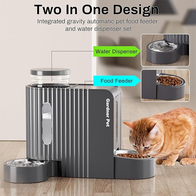 Gardner Pet Automatic Gravity Cat Food Feeder and Water Dispenser Stainless Steel Two-in-One Set Large Capacity Dispenser for Pets Dogs, Puppies, Kittens-(1.6 Gallons x 2)