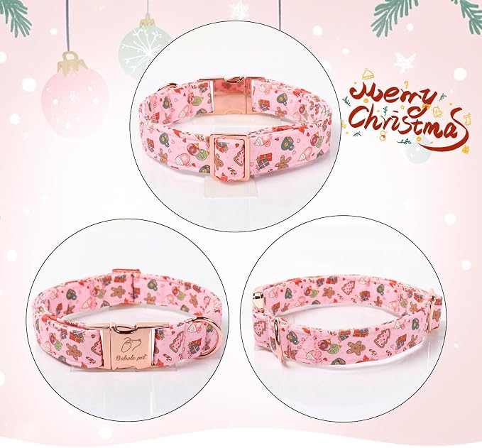 Christmas Dog Collar for Medium Dogs - Cute Pink Christmas Collars for Dogs, Sweet Festive Winter Heavy-Duty Adjustable Dog Collars with Metal Buckle M