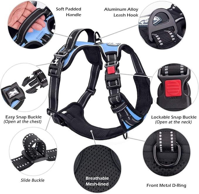 PoyPet Dog Harness No Pull, Reflective Adjustable No Choke Pet Vest with Front & Back Clips, Soft Padded and Control Training Handle for Large Dogs(Light Blue,XL)