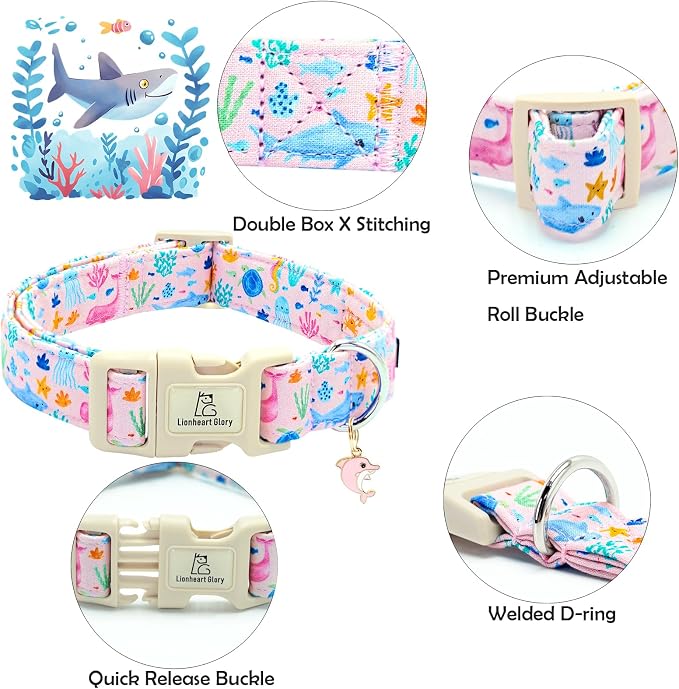 Lionheart glory Dog Collar Sea Animals Print Pink Dog Collars Male or Female Spring Summer Cute Collar Pet Gift Durable Adjustable Dog Collar for Large Dogs