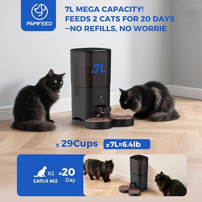 PAPIFEED Automatic Cat Feeder 2 Cats, 2.4G WiFi Cat Food Dispenser with App, 7L Slow Feeder Timed Cat Feeder for Dry Food, 10 Meals/Day, 12 Portions/Meal, Smart Pet Feeder for Dog, Black