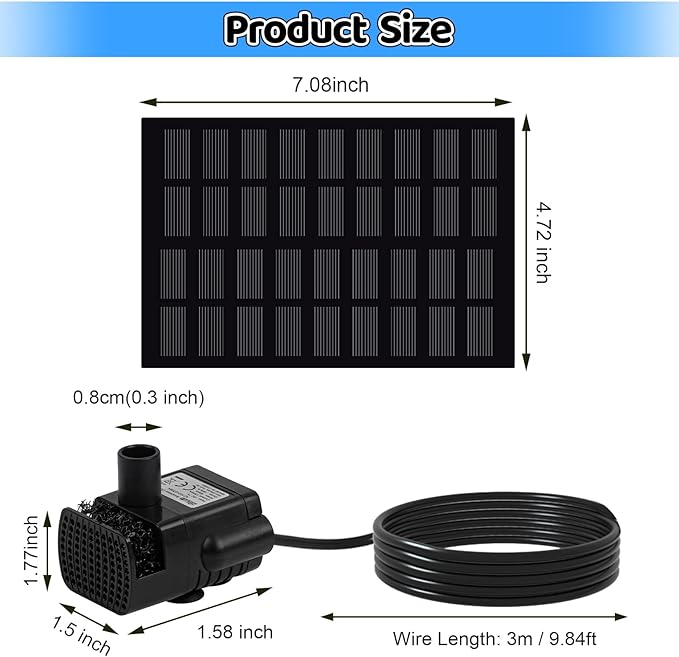 Yeomi Solar Fountain Pump for Bird Bath, 2W Upgraded Solar Water Pump with Separate Panel & 3M/9.84ft Cable, 4 Nozzles for Fountain Effects, Eco-Friendly for Bird Bath, Garden, Pond, Patio Decor