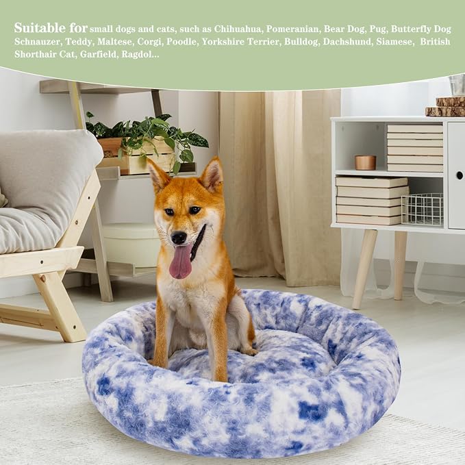 Calming Dog Bed for Medium Dogs Cats, Puppy 31'' Round Anti-Anxiety Warm Fluffy Plush Faux Fur Bed, Soft Anti-Slip Donut Washable, Cozy Medium Puppy Bed, Fits up to 50 lbs Pets