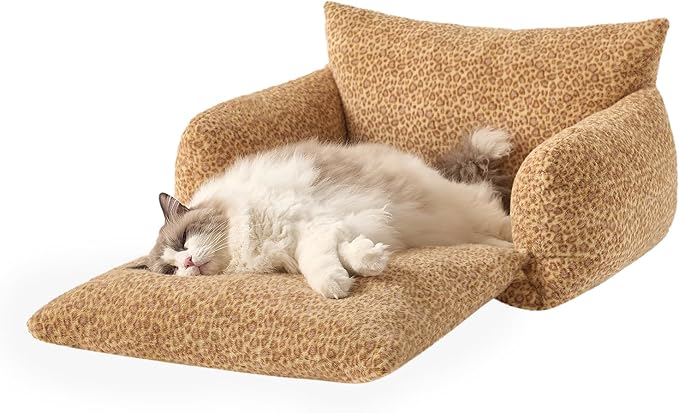 Hollypet Cat Bed Fluffy Plush Multifunctional Double-Layer Machine Washable Soft Warming Kitty Pet Couch Orthopedic Nest Beds for Small Cats Kitten and Dogs up to 13lbs, Yellow Leopard(25x20x13 inch)