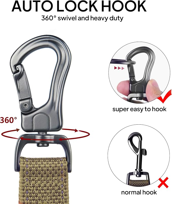 TwoEar 4FT 1IN Strong Brown Dog Leash with 2 Padded Handles, Traffic Handle Extra Control, Comfortable Soft Dual Handle, Auto Lock Hook, Reflective Walking Lead for Small Medium and Large Dogs
