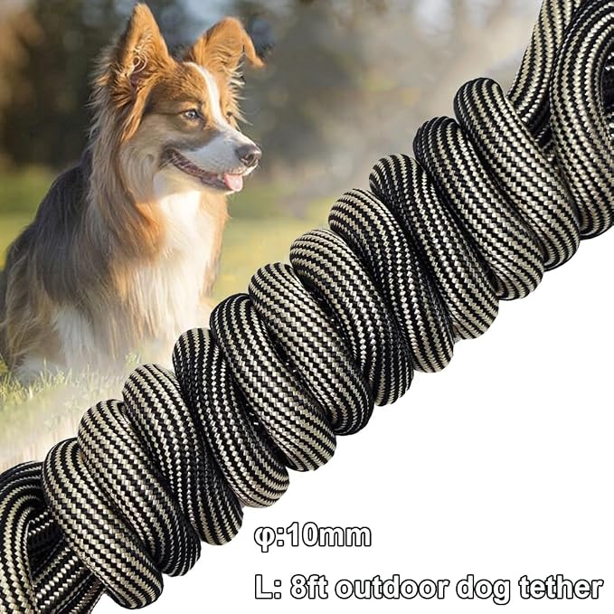 BTINESFUL Dog Tie Out, Check Cord Long Tether Rope Leash, 8ft 12ft 20ft 30ft 50ft 75ft Dog Lead for Yard- Large Medium Dogs Outdoor Playing, Camping, Training or Backyard (8 Foot, Beige Black)