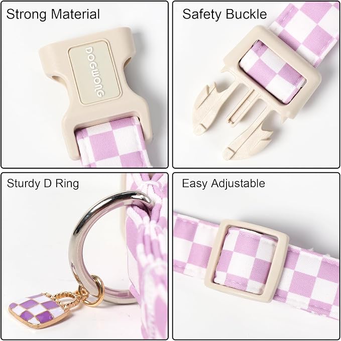 DOGWONG Purple Girl Dog Collar, Purple Checked Girl Dog Collars, Cute Soft Purple Plaid Dogs Collars for Medium Lrage Dogs, Neck 39-60 inches