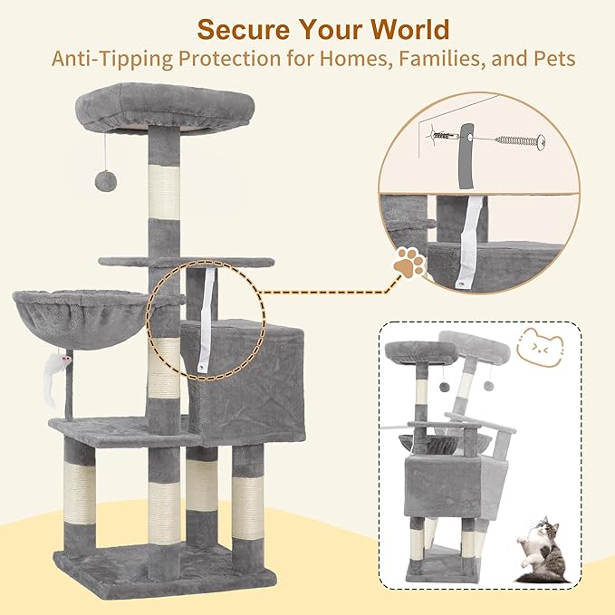 Heybly Cat Tree with Toy, Cat Tower condo for Indoor Cats, Cat House with Padded Plush Perch, Cozy Hammock and Sisal Scratching Posts, Light Gray HCT004SW