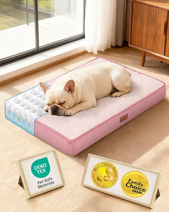 OhGeni Orthopedic Waterproof Dog Bed for Medium Dogs, Machine-Washable Removable Cover in Easy-Clean Fabric, Reversible Memory Foam & Easy-Carry Handle, Suitable for Crate, 30 inch (Pink)