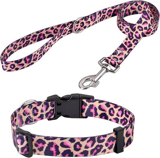 Mihqy Dog Collar and Leash Set with Bohemia Floral Tribal Geometric Patterns - Soft Ethnic Style Collar Adjustable for Small Medium Large Dogs(Pink Leopard Set,L)