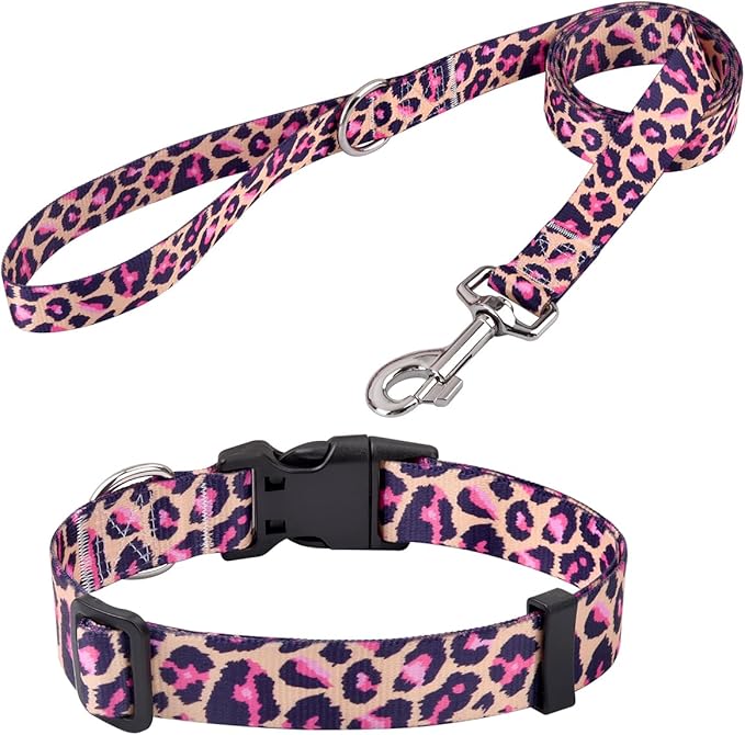 Mihqy Dog Collar and Leash Set with Bohemia Floral Tribal Geometric Patterns - Soft Ethnic Style Collar Adjustable for Small Medium Large Dogs(Pink Leopard Set,XS)