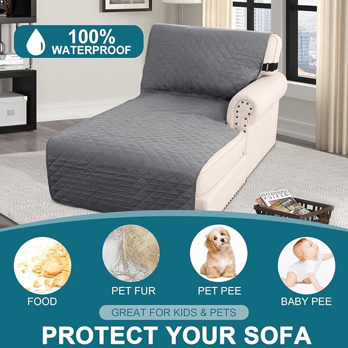 Turquoize 100% Waterproof Sofa Covers Chaise Lounge L Shape Sofa Protector Slip Cover Triple Non-Slip Sofa Slipcover for Sectional Couch Cover for Pets, Kids (Chaise, Gray)