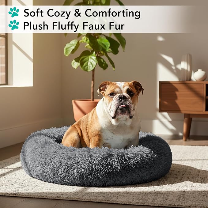 PetAmi Calming Dog Bed for Small & Medium Dogs and Cats, 30 Round Donut Dog Bed, Washable Fluffy Faux Fur Puppy & Cat Bed, Anti-Anxiety Plush Cuddler Pet Bed with Anti-Slip Bottom - Dark Gray