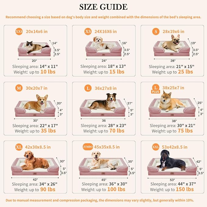 Comfort Expression Orthopedic Dog Bed for Extra Large Dogs 42x30 Inch, Waterproof Supportive Egg Crate Foam XL Pet Bed with Removable Bolsters, Dog Couch with Washable Cover & Non-Slip Bottom, Pink