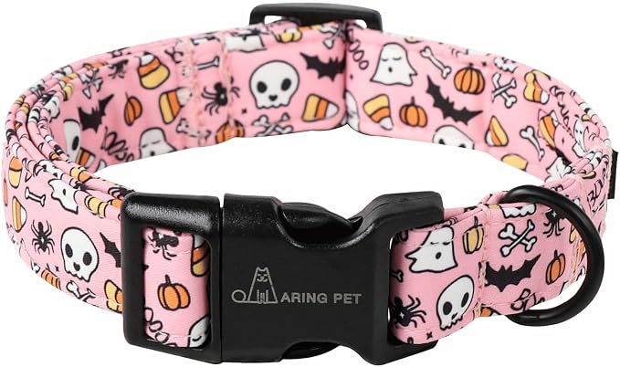 ARING PET Halloween Dog Collars, Cute Pink Pumpkin Ghost Bat Spider Skull Pet Collar with Quick Release Buckle for Small Medium Large Girl Boy Dogs-XS