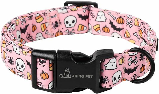ARING PET Halloween Dog Collars, Cute Pink Pumpkin Ghost Bat Spider Skull Pet Collar with Quick Release Buckle for Small Medium Large Girl Boy Dogs-L