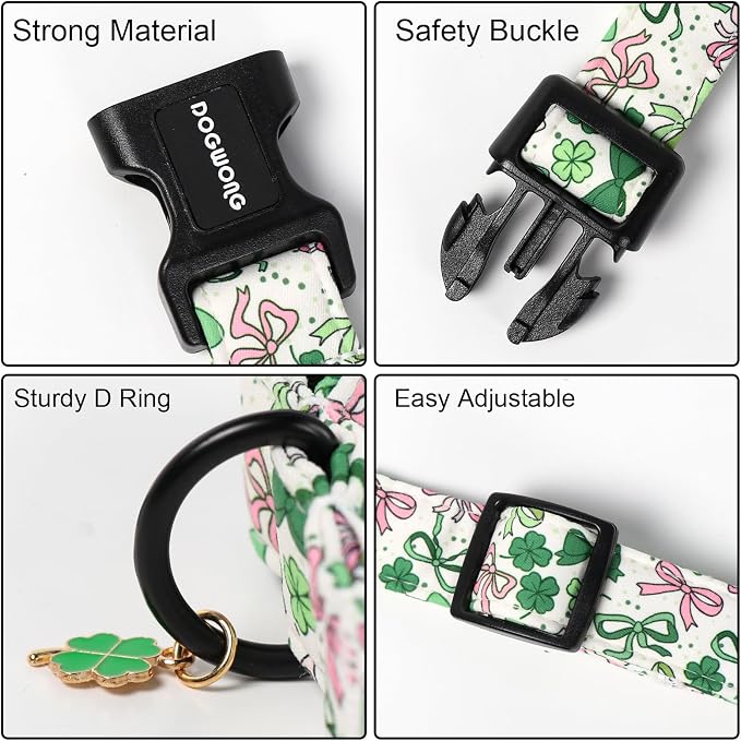 DOGWONG Green Dog Collar- Cute Trefoil Bowtie Dog Collars Adjustable St. Patrick's Day Puppy Clover Dog Collar for Small Medium Large Dogs S