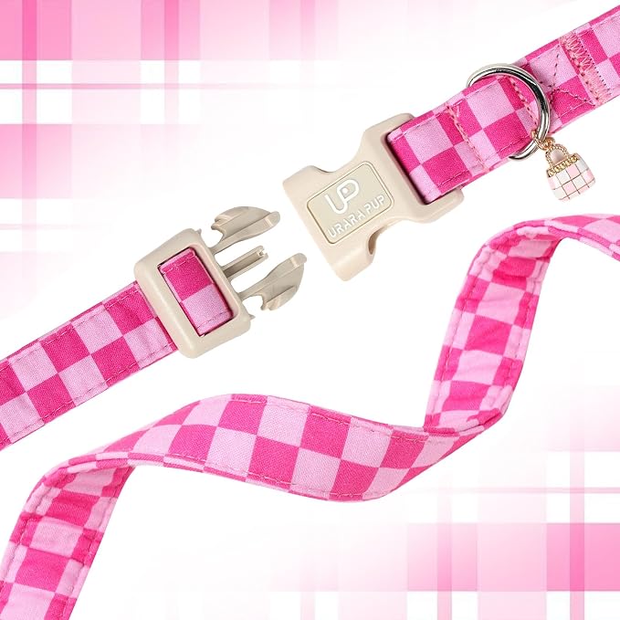 Summer Dog Collar, Pink Checkered Cotton Dog Collar with Quick Release, Gift Pink Collars for Small Medium Large Girls or Boys Dogs Cute Durable Comfortable Pet Collars