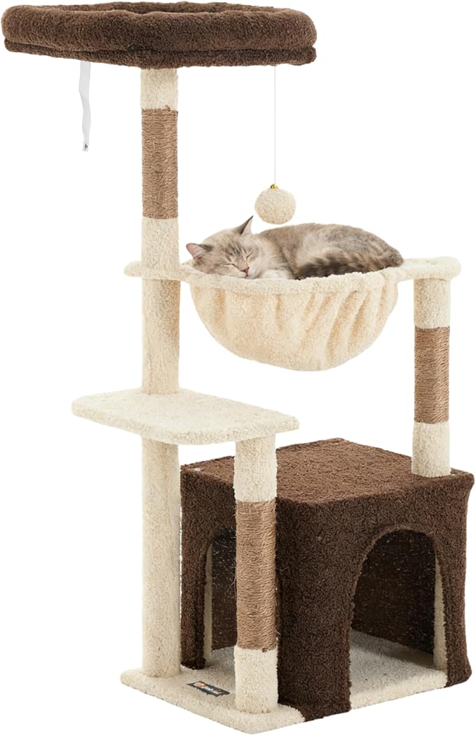 Cat Tree for Indoor Cats, 39.8-inch Cat Tower with 2 Plush Perches for Play & Rest, 1 Cozy Hideaway, Dangling Toy & Full Sisal Scratching Posts for Small Cats, Brown