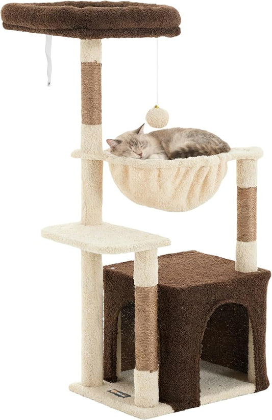 Cat Tree for Indoor Cats, 39.8-inch Cat Tower with 2 Plush Perches for Play & Rest, 1 Cozy Hideaway, Dangling Toy & Full Sisal Scratching Posts for Small Cats, Brown