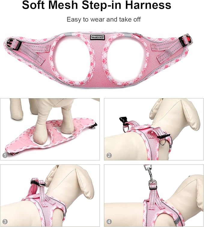 Mercano Soft Mesh Dog Harness and Leash Set, Step-in Reflective Breathable Lightweight Vest Harnesses with Safety Buckle for Small Dogs, Cats (Pink, M)