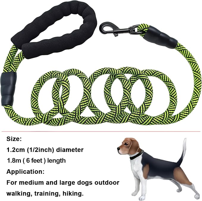 MayPaw Heavy Duty Rope Dog Leash, 6/8/10FT Nylon Pet Leash, Soft Padded Handle Thick Lead Leashes for Large Medium Dogs Walking Training Jogging (Green Black, 1/2" * 6')