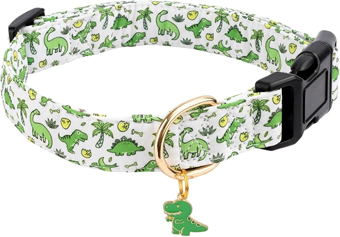 Cotton Dog Collar,Soft and Cute Puppy Collars with Green Dinosaur Patterned Design for Girl Female Boy Dogs,Adjustable Buckle Pet Collar for Small Medium Large Dogs (Green Dinosaur, Medium)