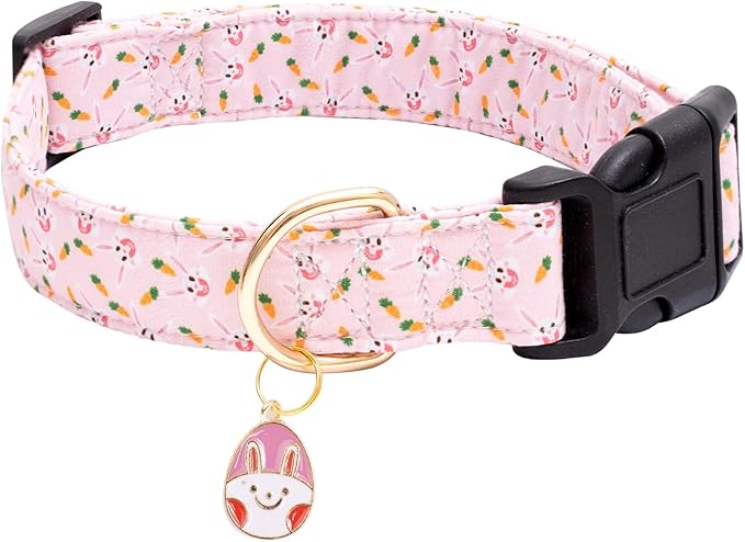 Faygarsle Cute Collar for Small Medium Large Dogs - Pink Cotton with Adorable Rabbit Print - Puppy Collar with Easter Egg Charm - XS