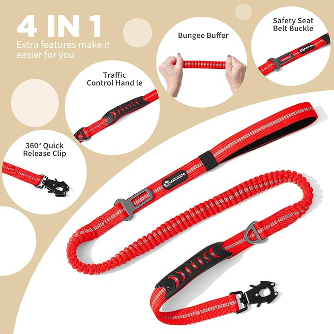 Heavy Duty Tactical Dog Leash, 4-6FT Shock Absorbing Bungee Lead with 2 Padded Handles, Metal Carabiner & Seatbelt Clip, Reflective No-Pull Leash for Medium/Large Dogs (Red)