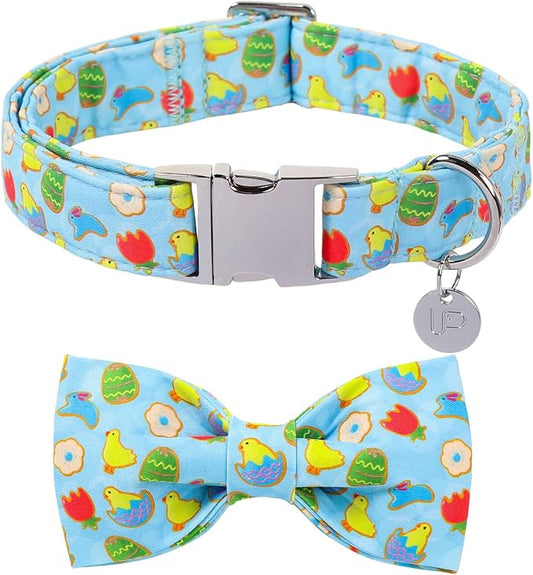 Easter Dog Collar with Bow Tie, Cotton Bunny Bowtie for Large Girl Boy Dog, Cute Rabbit Pet Collar with Metal Buckle, Gift, L