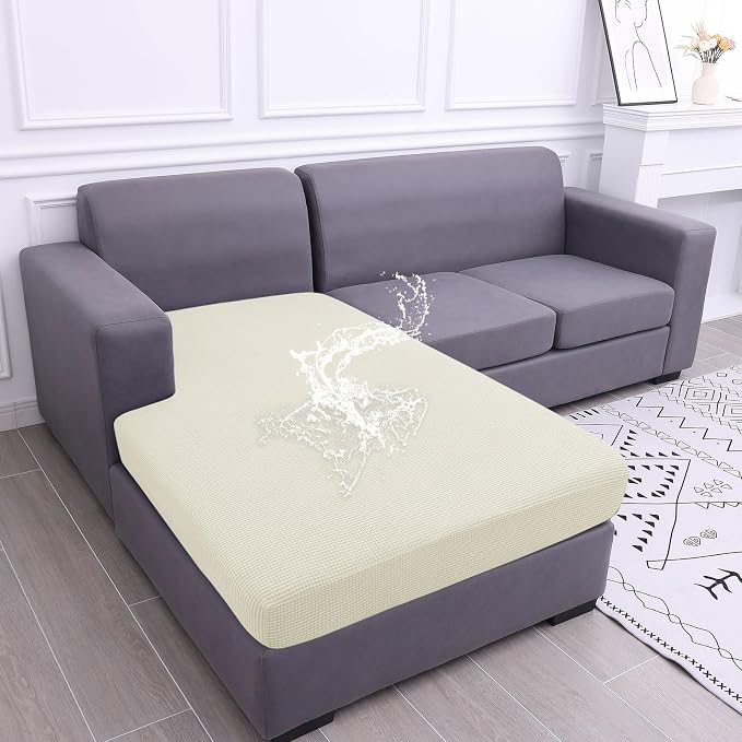 hyha Waterproof Couch Cushion Covers, Sectional Sofa Cushion Slipcovers L Shape, Thick Stretch Jacquard Fabric, Washable Chaise Lounge Cover with Elastic Bottom (1 Piece for Chaise, Cream White)
